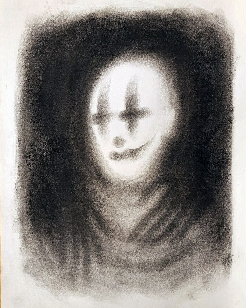Creepy charcoal portrait of a pale, smiling clown, claws of darkness closing in.
