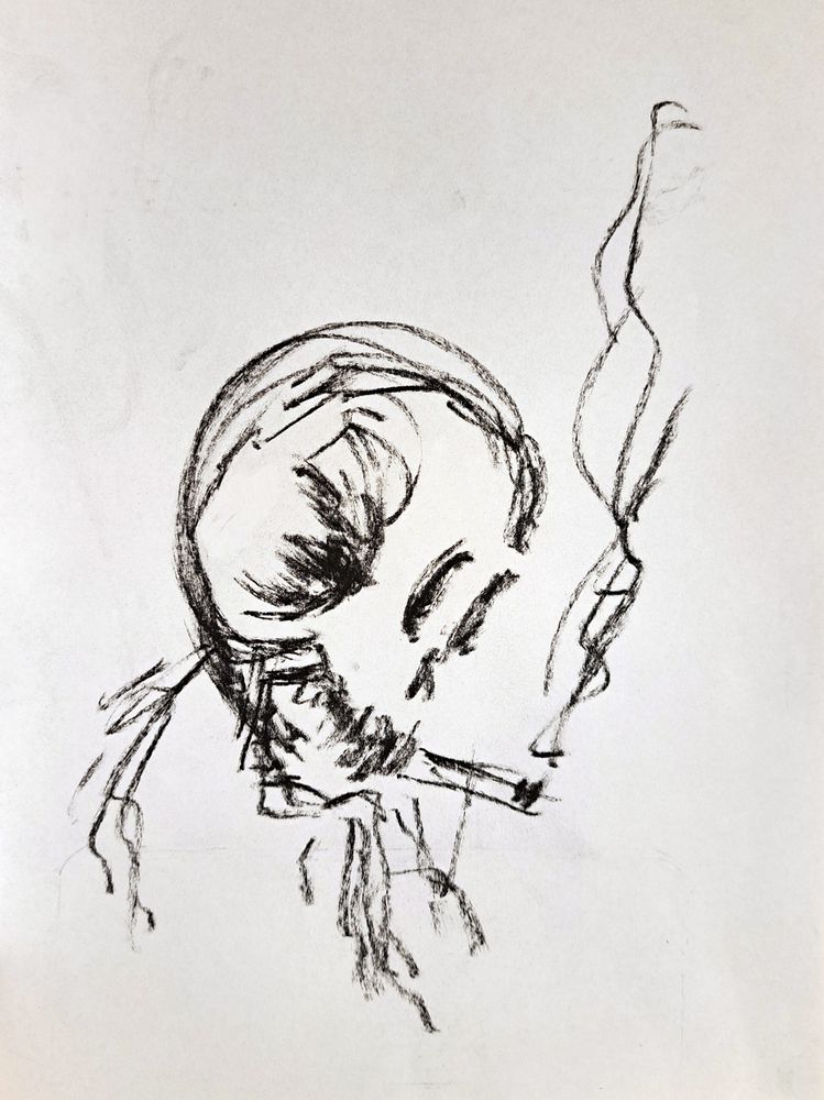 Charcoal sketch of a skeleton ponderously smoking a cigarette.