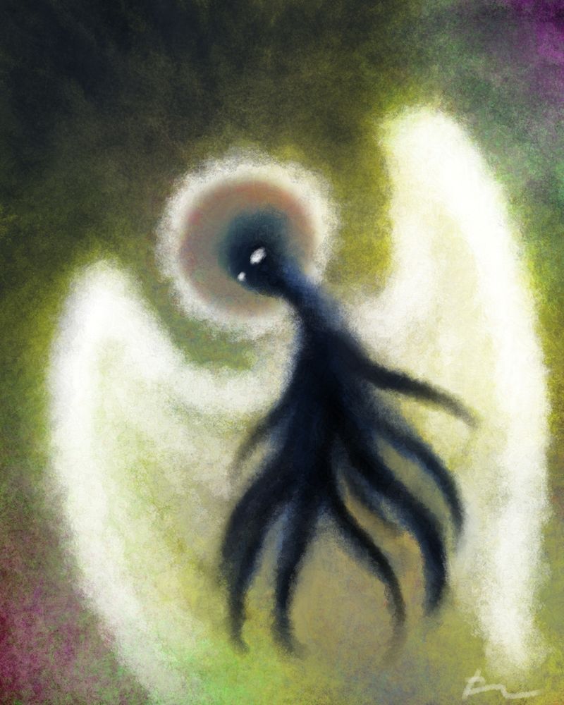 Eerie digital painting of an angelic tentacled creature, wings of light contrasting with its shadowy shape.