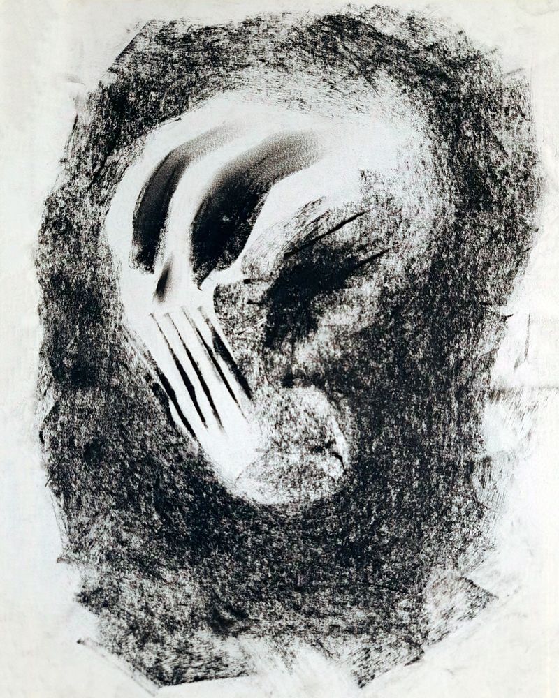 Charcoal drawing of a strange, rubbery skull flying past the viewer.