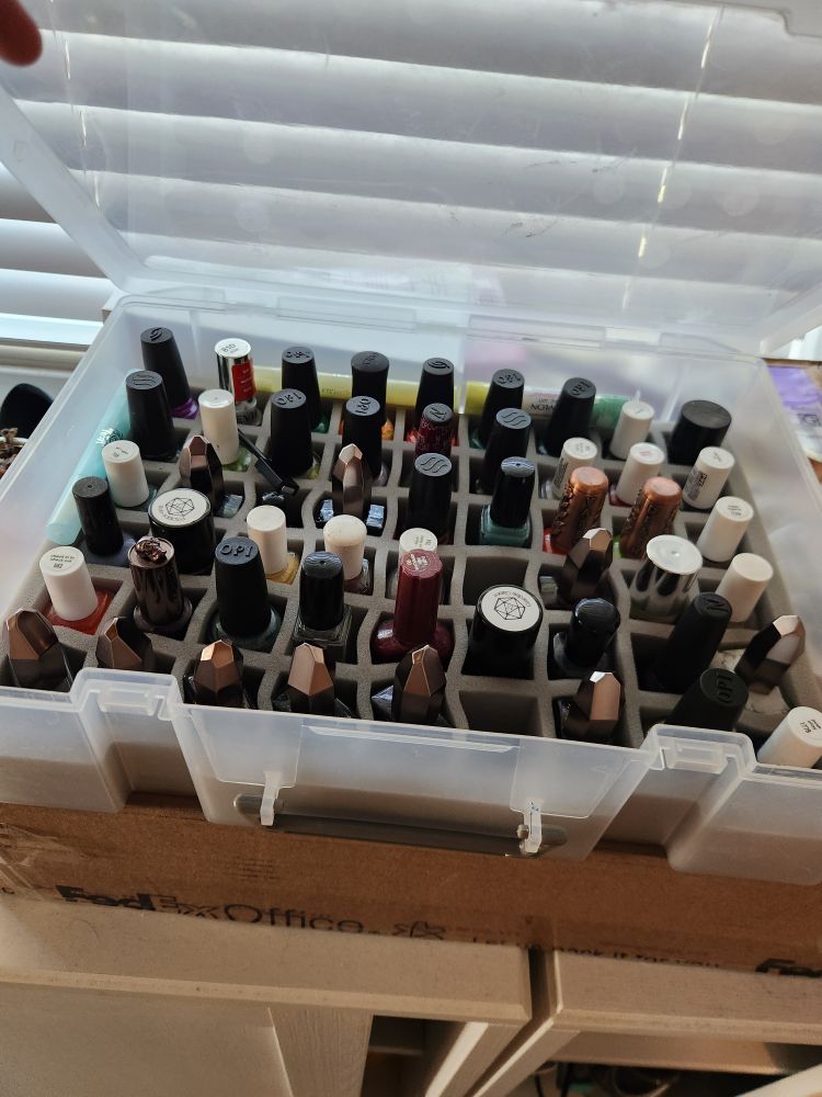 A little plastic case full of nail polish, all separated with foam