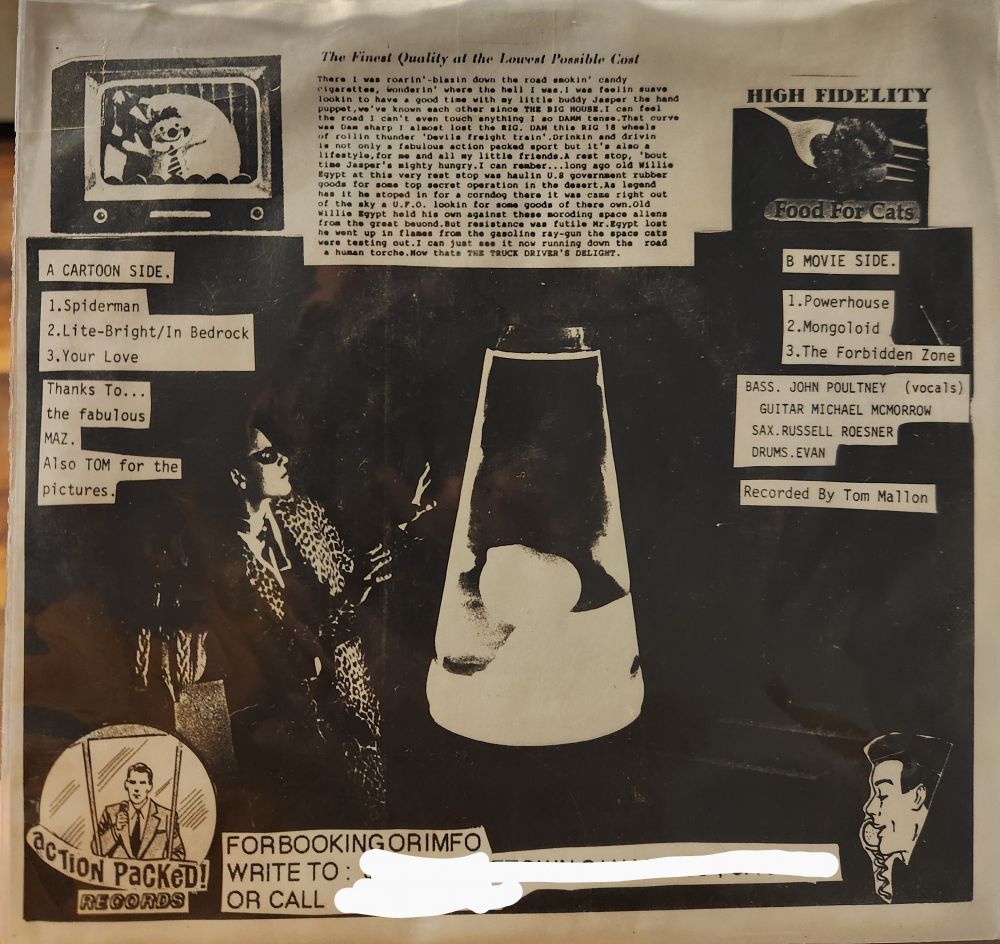 The back of the ep. A side is "the cartoon side" featuring Spiderman, lite-bright/in bedrock and your love. B side is "movie side" featuring powerhousw, a word we don't say anymore that's a devo song, and the forbidden zone. It's got some more photocopied pictures of men in suits and 50s clip art. 