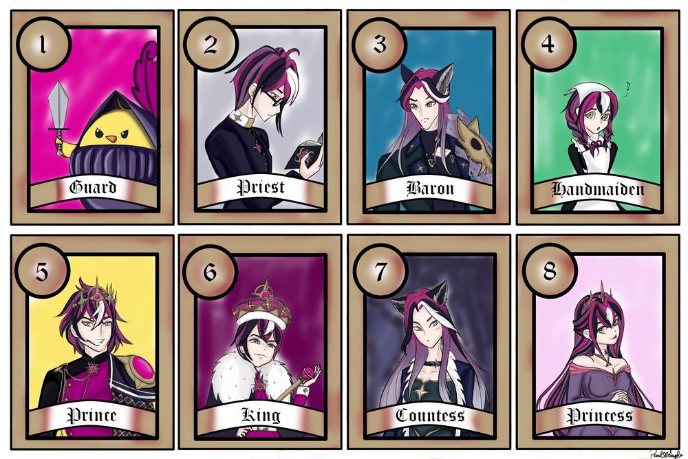 Official (and unofficial) Pioverse characters drawn as cards of the game "Love Letter" for the Lover Letter prompt from Piotober2024