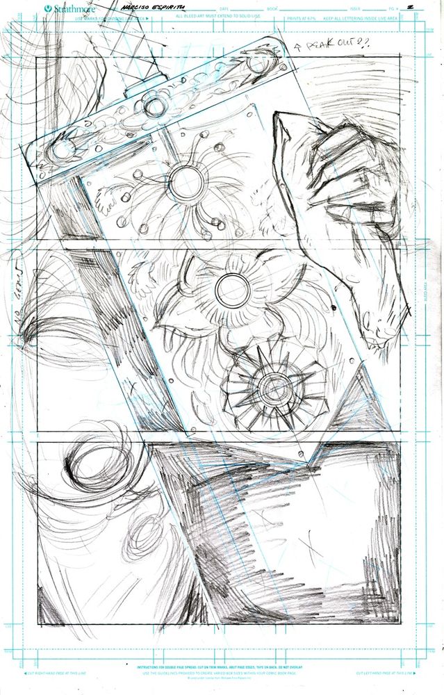 comic page in progress, featuring a close up view on the decorative, ritual plate on a buster sword