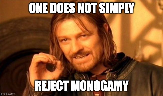 meme of Aragorn in Lord of the Rings, it reads "ONE DOES NOT SIMPLY REJECT MONOGAMY"