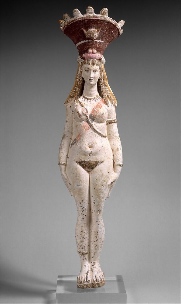 Image of Roman-era figurine of Isis Aphrodite (from the Met); statue is a of women, bare-chested with braided hair and a large fanning hat