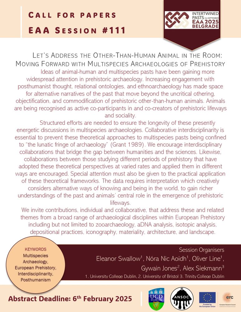 A call for papers poster for session #111 at the European Association of Archaeologists conference 2025. Titled "Let's address the other-than-human animal in the room: moving forward with multispecies archaeologies of prehistory". 