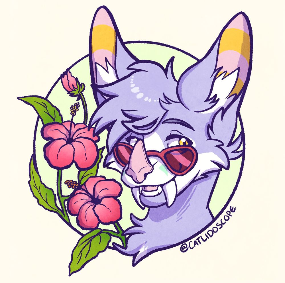 Headshot of purple bat wearing sunglasses with pink hibiscus 