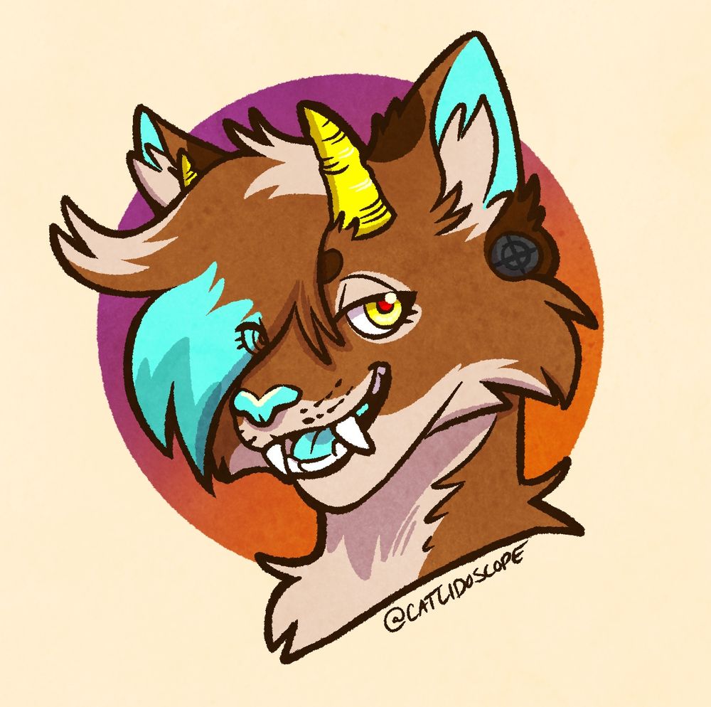 Headshot doodle of a demon cat character with yellow horns and cyan accents. 