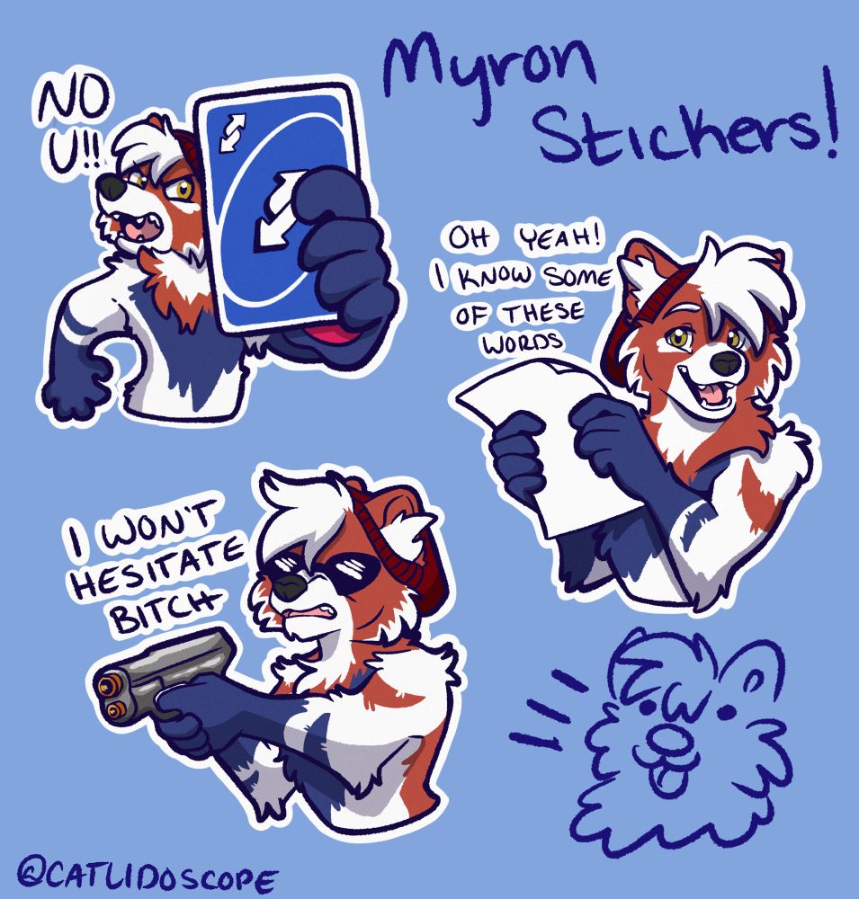 Three telegram stickers of an anthro dog/red panda hybrid. One shows him holding out an uno reverse card and shouting “no u!” Another has him holding a paper and saying “Oh yeah! I know some of these words!” The last references the classic vine of that kid with the sunglasses holding up a toy gun and shouting “I won’t hesitate, bitch!”  