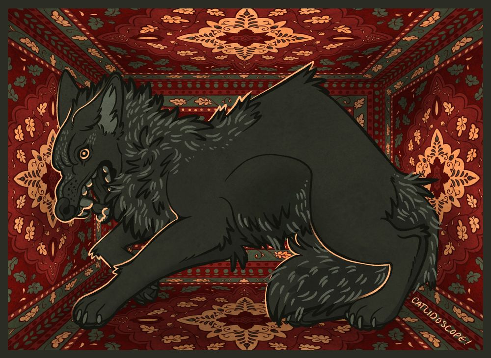 A black wolf having a fit in a box lined with fancy carpet. 