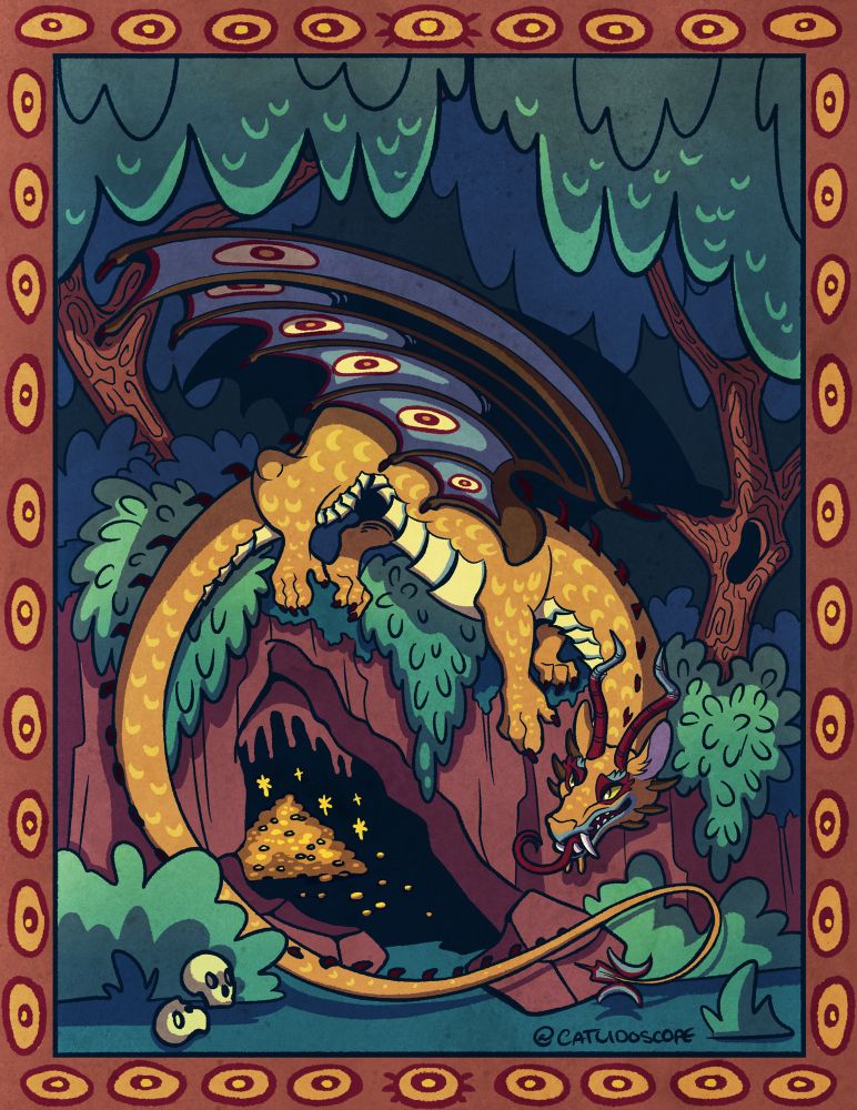 AF attack of a golden dragon curled around the mouth of a cave glittering with treasure. 
