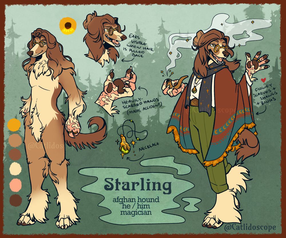 Reference sheet of my character Starling. He is an anthro afghan hound wizard with heavily scarred hands (magic accident). He smokes a pipe and wears flowing, layered clothes. 