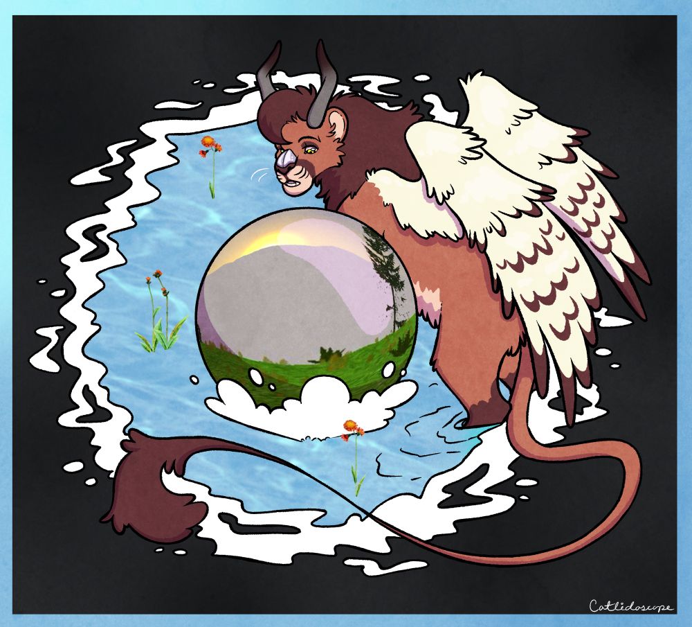 A winged lion is standing in a pool of water, curling around a large portal orb. 