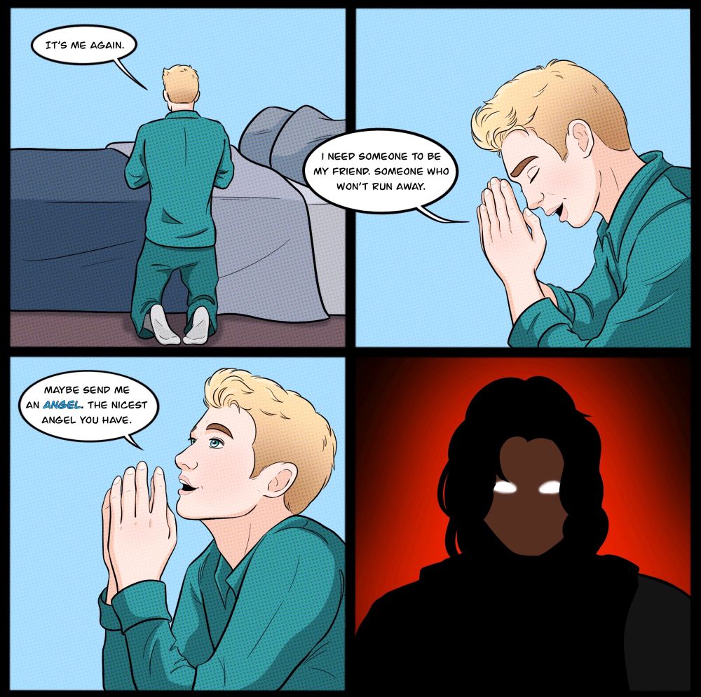 Four panel comic. In the first three panels, Steve Rogers is kneeling by his bed, praying. “It’s me again. I need someone to be my friend. Someone who won’t run away. Maybe send me an angel. The nicest angel you have.” The last panel features a stylized image of the Winter Soldier with glowing eyes.