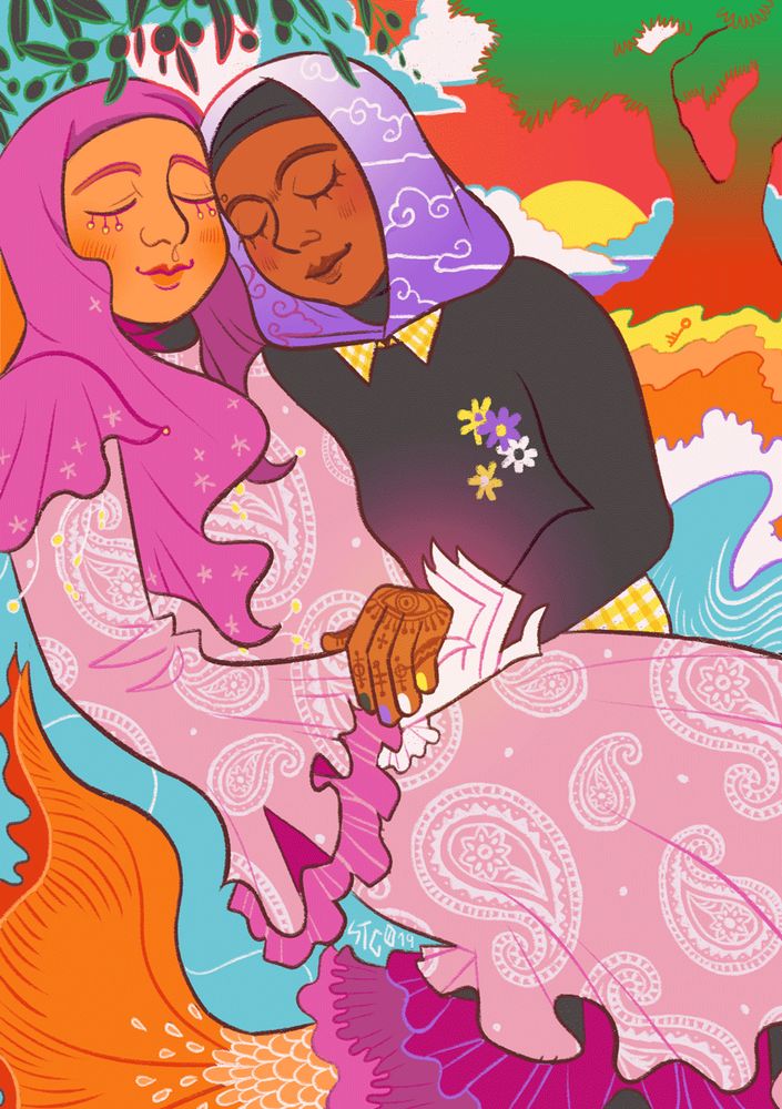 Digital illustration of a lesbian couple; the one of the right is a mermaid wearing the colors of the lesbian flag, the one of the left is human and wearing the colors of the non-binary flag. They are standing in the sea near the shore, with the sun setting behind them among blue and white clouds and a tall and old olive tree. A key (symbol of Palestinians return to their home) is seen on the beach. Small olive branches fall over the couple's heads. The illustration uses the colors of 4 flags; lesbian flag (pink and orange hues), trans flag (pastel blue, pastel pink and white), non-binary flag (black, white, yellow and purple) and the flag of Palestine (red, black, white and green).