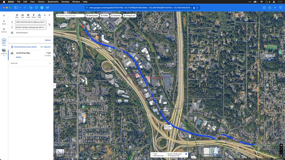Screenshot of Google Maps showing a 1.5 mile route on a mix of unprotected bike lane and “bike friendly road”.