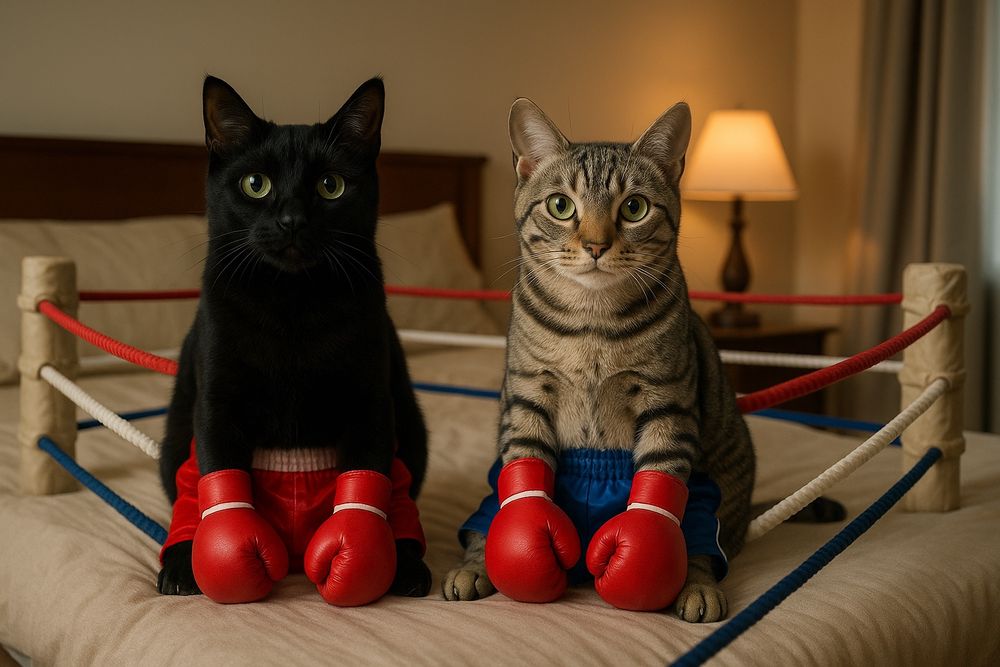 Two cats dressed as boxers on a bed.