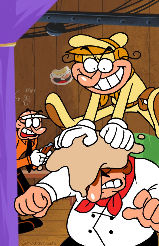 An illustration of Peppino Spaghetti having dough pressed into his head by The Noise as Mr. Stick watches in the background.