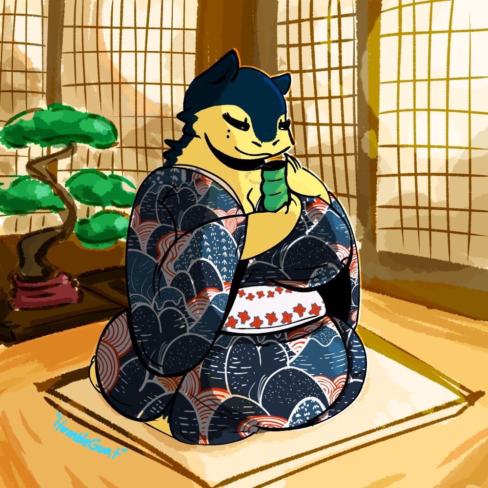 Typhlosion character sitting in a traditional Japanese tea room. They are wearing a kimono and enjoying some tea.