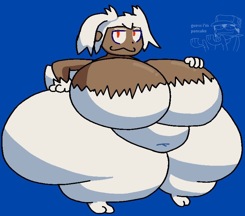 a drawing of Sue Sakamoto's posessed form from Cave Story, with large hips and boobs and a bit of belly. there is a drawing of Quote in the background shrugging and going "guess i'm pancake"