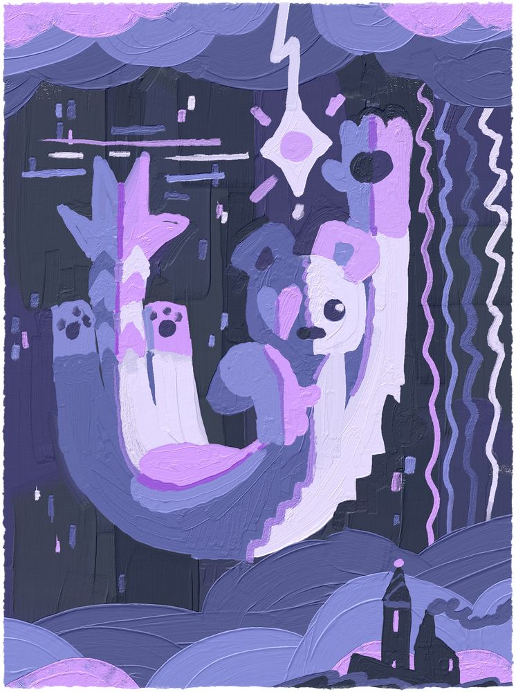 a digital painting of a white and purple stoat. one of its eyes has a purple heart over it. it's falling down from the sky, reaching for a star above it. along the bottom are clouds and a distant townscape.
