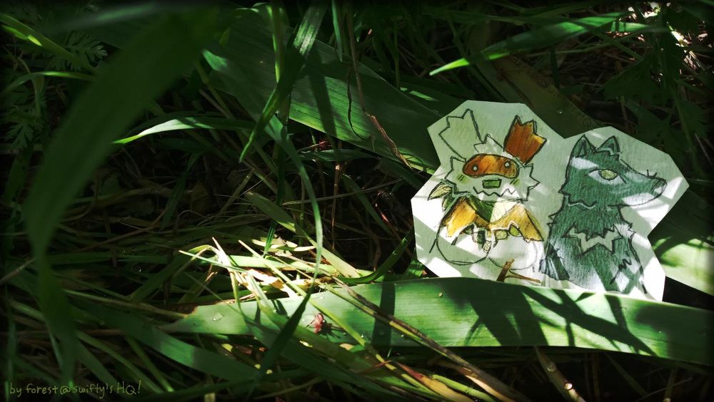 a photo of a watercolor cutout of two creatures: a shiny zigzagoon and a black fox. they are in shadowed greenery, hiding behind a large leafblade.