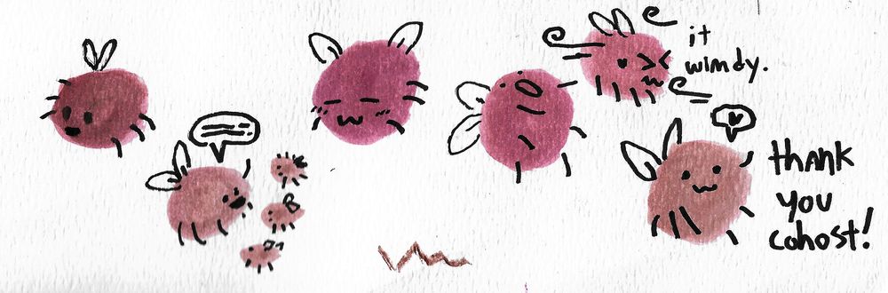multiple watercolor eggbugs, a magenta-burgundy colored orb with bug legs and wings and a cutesy face. one drawing shows a big eggbug teaching smaller eggbugs. another shows an eggbug in a breeze titled 'it wimdy.' the final one on the right says 'thank you cohost!' and is waving at the camera.