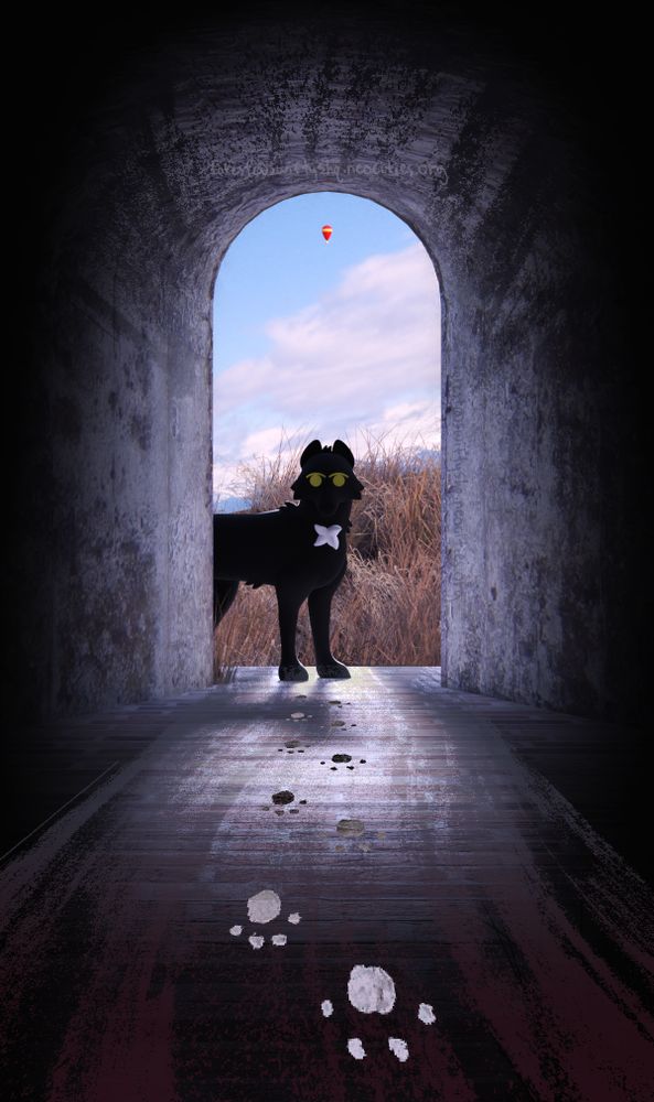 a portrait-oriented 3d render of a rocky tunnel with a black fox peering in from afar. the lighting fades as the tunnel approaches the camera. the fox is backlit by distant clouds and yellowed wild grass. in the sky above, there is a single red and yellow hot air balloon. there are pawprints leading towards the viewer from the fox.