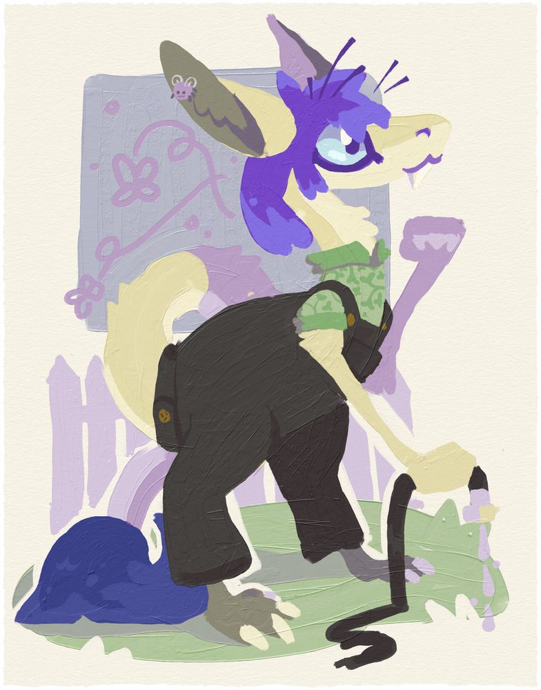 a digital painting of a pale yellow yinglet dressed in gardener's attire. she has purple hair and pale blue eyes. she's grasping a garden hose in one paw.