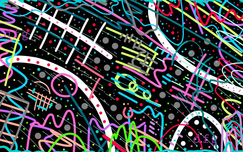 Digital abstract painting featuring colorful marks on a black background 