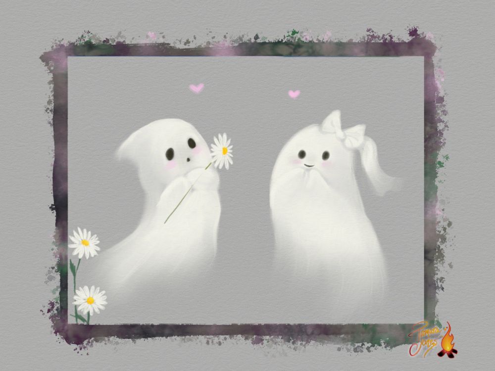 Gray watercolor paper-textured background.
Digital illustration of two simple ghosts blushing. The one on the left is presenting a daisy to the one on the right (who is smiling and has a ponytail and large bow). The one on the left looks nervous and shy. Two little hearts float above them.
They are framed by a splotchy watercolor frame in muted pinks, greens, and purples.
Two daisies grow from the bottom left corner.
