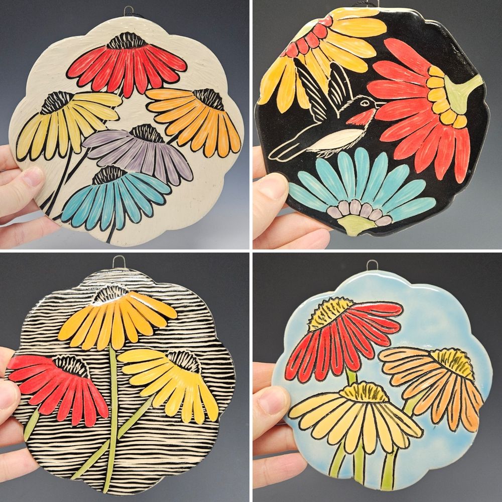 Four Ceramic sgraffito wall hangings. Coneflowers and hummingbird designs