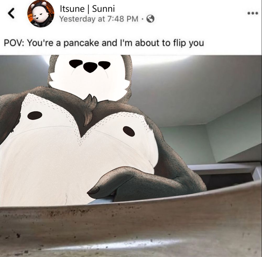 Drawover of Itsune from a low angle holding a frying pan