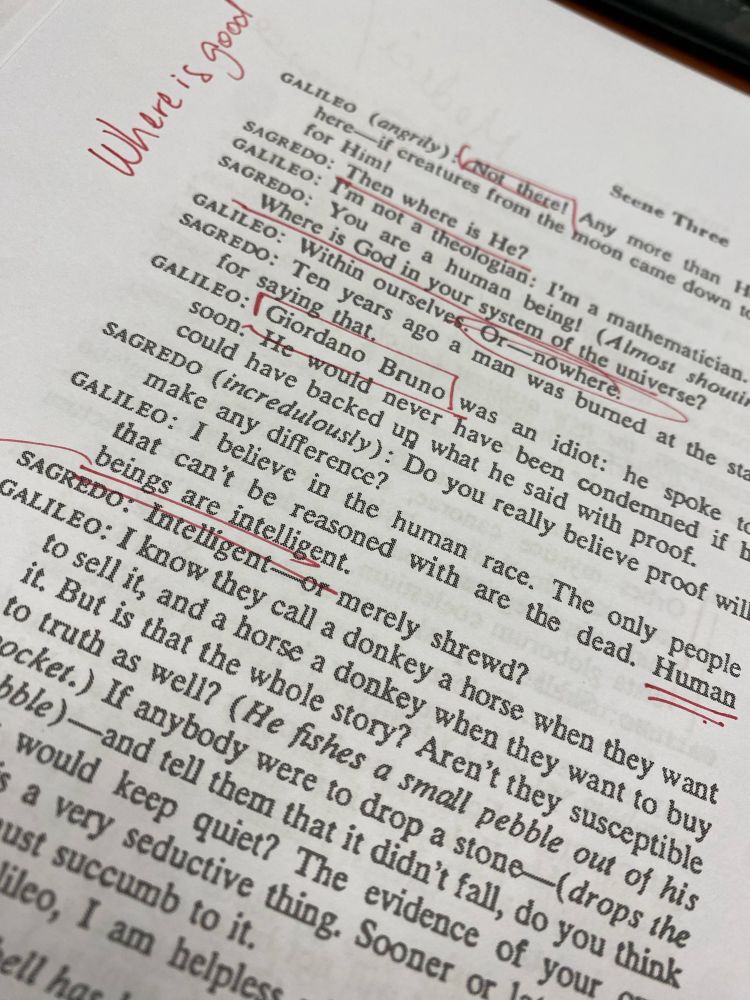 Text from Brecht’s Galileo, with handwritten notes in red ink