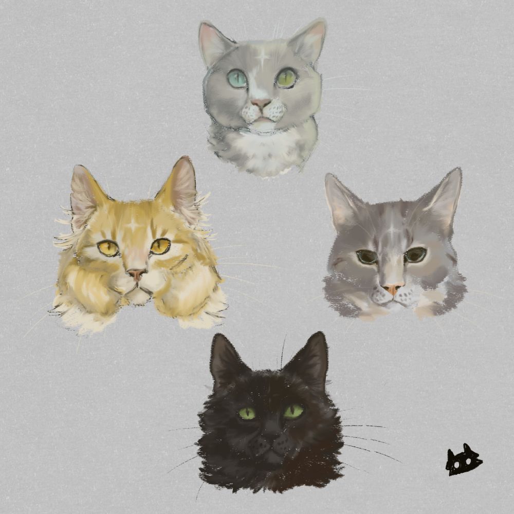 digital oil paint portraits of dovewing (a gray cat with heterochromia and a white muzzle/chest), lionblaze (a fluffy orange tabby with orange eyes), jayfeather (a gray tabby with blue eyes and blown-out pupils) and hollyleaf ( a spiky-furred black cat with green eyes). All but hollyleaf have a subtle star shaped marking on their head.