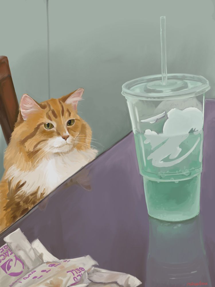 painting of a cat sitting at a table looking at some baja blast