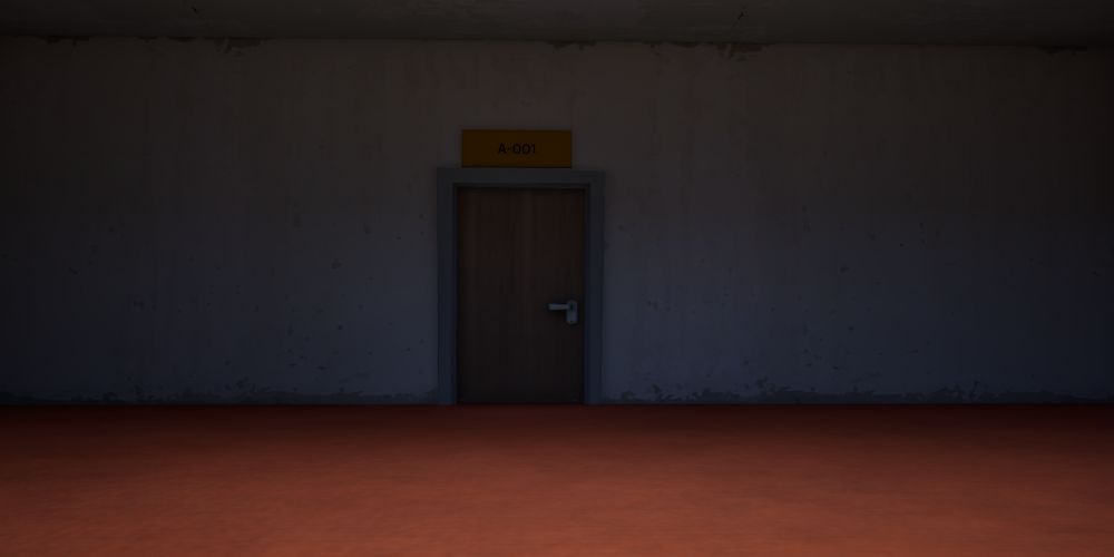 A empty room with a door, this door has a "a-001" Label above it