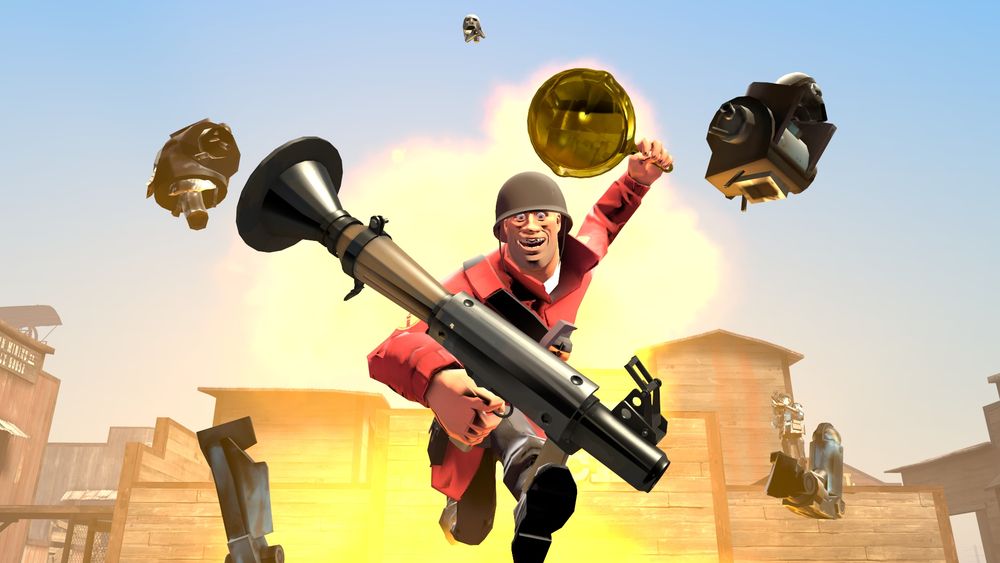 A red soldier from Team Fortress 2 rocket jumping away from an exploding robot while holding a golden frying pan. (little does he know about the robot sniper aiming in on him)
