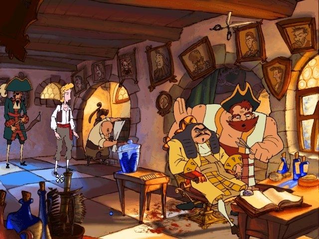 Image du jeu Monkey Island 3, où l'on voit le salon de coiffure pirate.