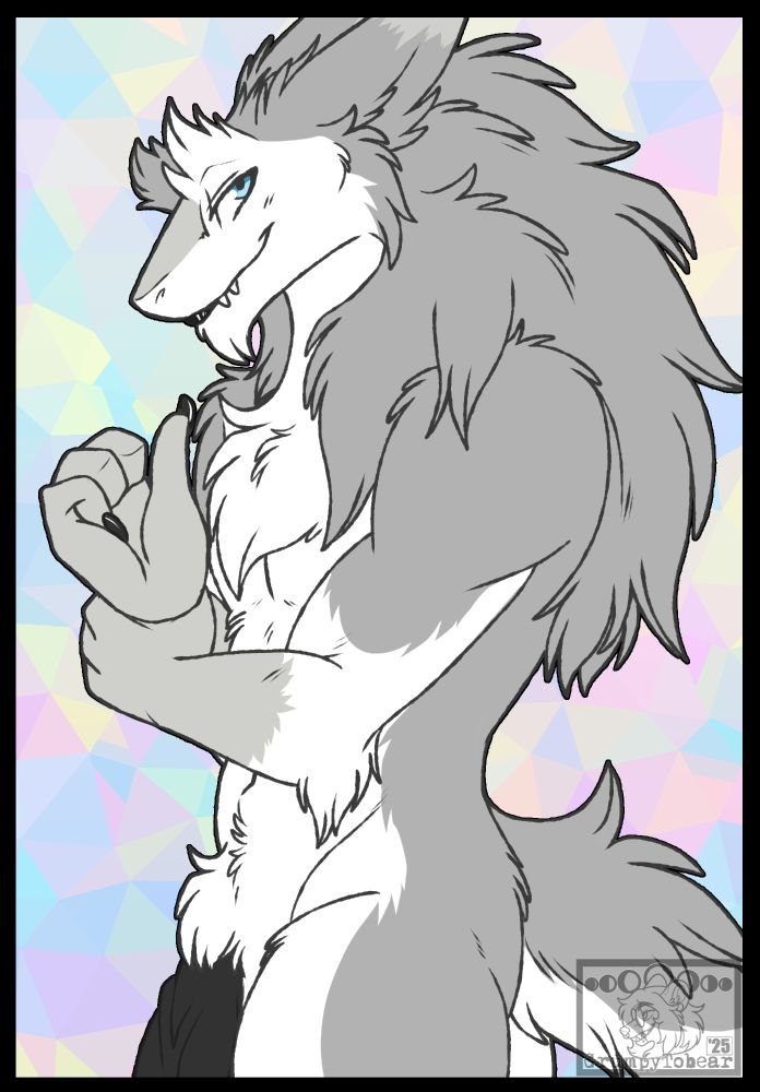 A digital waist-up pinup drawing of a male arctic fox that has been transformed into a male sergal with big strong muscles. He is very fluffy and has dark grey hair. His fur is also dark grey on his back and sides and over his shoulders; it is white on his face, neck, front torso, front of his legs, under his tail and middle of his arms; and it is light grey for markings on his ear-tips, top of his muzzle and his hands and lower arms like gloves. He has light blue eyes and the typical wedge shaped head of a sergal with a toothy grin and black lips. His big thick black cock is also in view dipping below the frame.