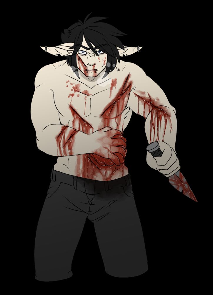 A digital drawing of a male elf. He is shirtless with reasonably buff muscles and is wearing black pants. He has blue eyes, black hair and pale skin, his pointed ears have a stud earring next to what seems to be a natural nick in them about halfway along their lower edge and bar piercings just before the points. He also has a pair of stud piercings on either side of his mouth on the lower lips.

He is holding a small blood covered dagger with a black hilt and a nick in the forward facing edge in an overhand grip in his left hand with the blade emerging from the side with his pinky finger. His torso, arms and face have various bleeding lacerations and a particularly large gash in his belly has guts spilling from it that he is holding in with his right hand, the blood from this soaking into his pants as well.

He has an angry grimace on his face as he looks towards the viewer.