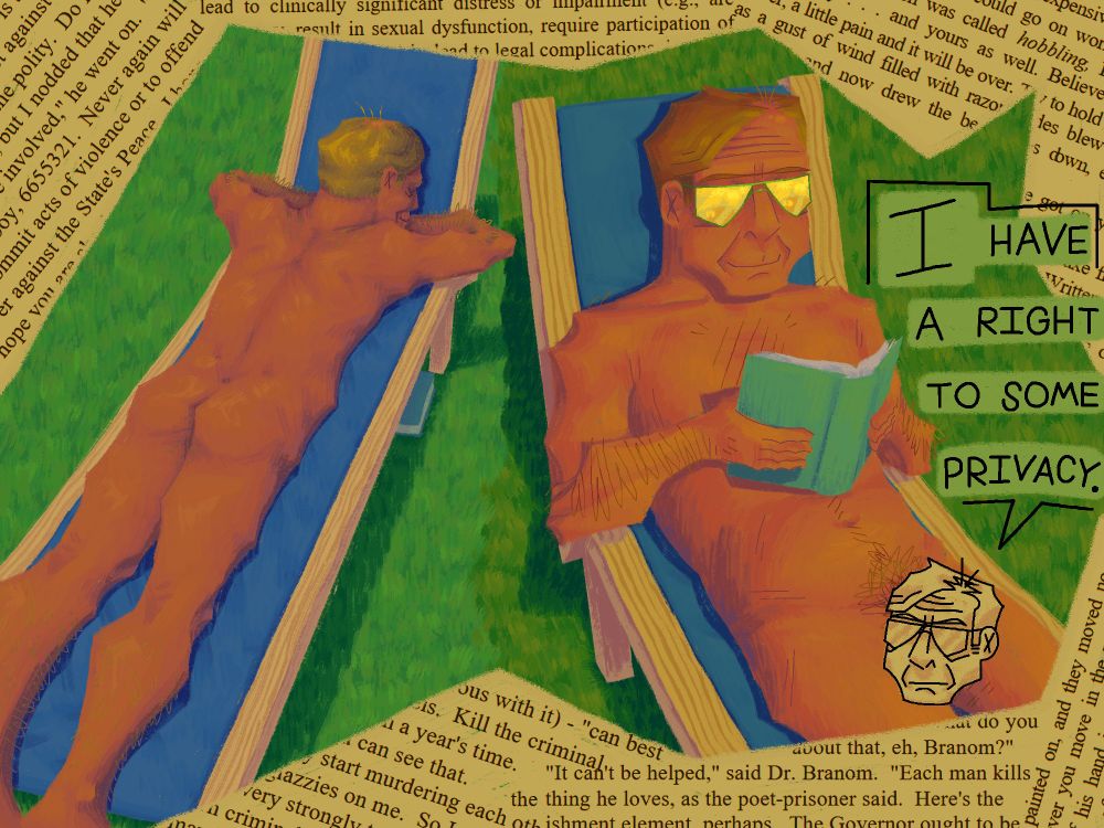 a digital painting. it is of a naked middle aged man, blond and balding, with glasses and heavily dark orange skin. he's reclined on a blue wooden lounging chair, outside on some lawn. he's shown from two angles, one where he's laying on his stomach, and one where he's laying on his back and smiling while reading a book. His crotch is censored by a doodle of his own head saying,"I have a right to some privacy." framed around the painting is snippets of text from different things. Three are from A Clockwork Orange by Anthony Burgess, two from Misery by Stephen King, and one is a quote from the American Psychiatric Association on paraphilias.