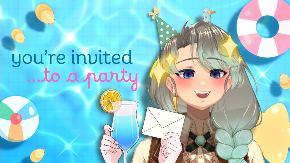 you're invited to a party. lord Pythar posing with a letter and blue cocktail in front of a pool 
