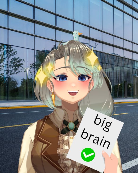 pythar standing outside an office looking happy and holding a piece of paper that says "big brain" with a big green tick. the image isn't very well edited and the hand holding the paper is backward to the natural hand position 