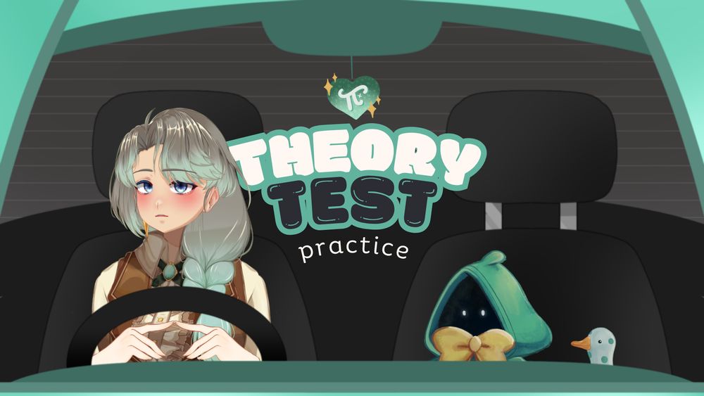 theory test practice.  a cultist, dilbert, and pythar are in a green car. Pythar is behind the wheel. He looks nervous