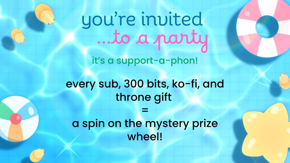 it's a support a thon! every sub, 300 bits, Kofi, and throne gift = a spin of mystery prize wheel