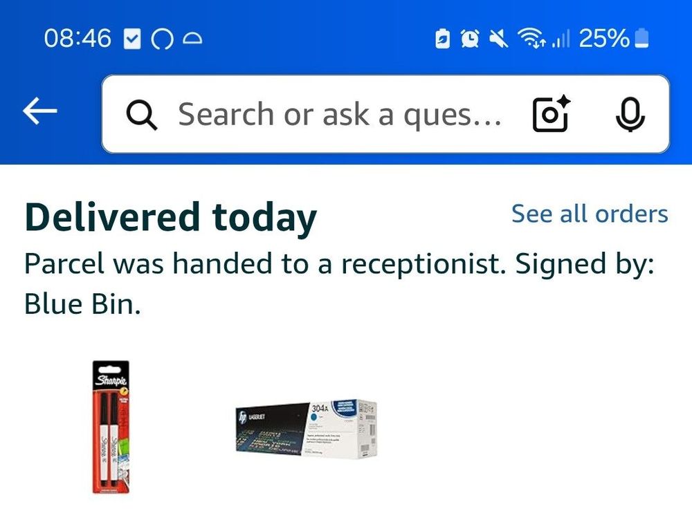 Amazon app. the parcel was handed to receptionist: blue bin