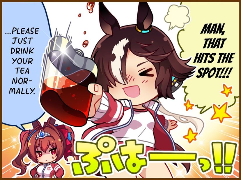 comic of vodka drinking tea from a whiskey flask. Bratty Scarlet asks her to drink it normally