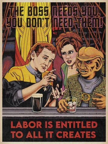 Star Trek DS9 variant of the poster showing two workers drinking at the bar with one telling the other, 